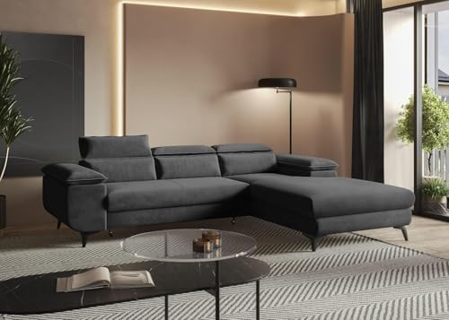 MODERNO Ecksofa mit Schlaffunktion Flat - Modern Sofa 3 Sitzen mit klappbare Kopfstützen - Schlafcouch L-Form mit Metallfüße 205x276x94 cm - Ecke Rechts Dunkelgrau von Moderno Meble