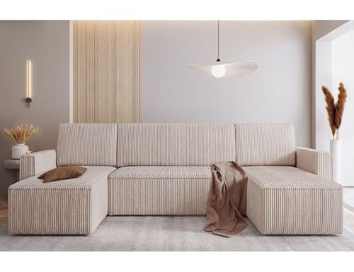 MODERNO Ecksofa mit Schlaffunktion und Bettkasten MIMIR U - Sofa mit +3 Sitzen - Schlafcouch Wohnlandschaft U Form - Modern Couch 305x144x80 cm - Big Sofa XXL - Creme von Moderno Meble