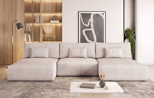 MODERNO Ecksofa mit Schlaffunktion und Bettkasten MODULO U - Wohnlandschaft U-Form Wohnzimmer - Modular Schlafsofa mit Kopfkissen - Modern Couch 315x152x80 cm - Creme - Poso 100 von Moderno Meble