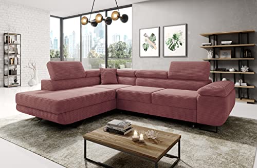 MODERNO Ecksofa mit Schlaffunktion aus Cord - Big Sofa ASTORP - Couch L Form - Schlafsofa mit Bettkasten und Kopfstützen - 277x203x100 cm - Links - Rosa - Poso 27 von Moderno Meble