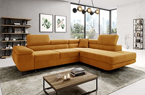 MODERNO Ecksofa mit Schlaffunktion aus Cord - Big Sofa ASTORP - Couch L Form - Schlafsofa mit Bettkasten und Kopfstützen - 277x203x100 cm - Rechts - Senf - Poso 01 von Moderno Meble