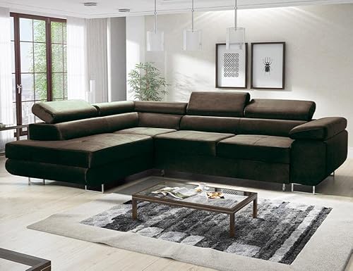 MODERNO Ecksofa mit Schlaffunktion und Bettkasten Avesta - Sofa +3 Sitzen mit Robusten Metallfüße - Schlafcouch L-Form - Modern Couch 277x203x73 cm - Ecke Links Velours Braun von Moderno Meble