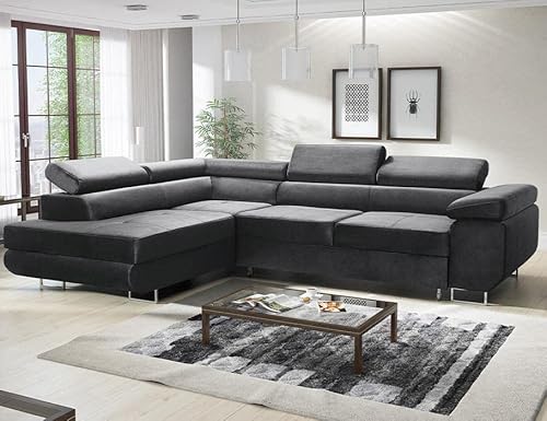 MODERNO Ecksofa mit Schlaffunktion und Bettkasten Avesta - Sofa +3 Sitzen mit Robusten Metallfüße - Schlafcouch L-Form - Modern Couch 277x203x73 cm - Ecke Links Velours Graphit von Moderno Meble