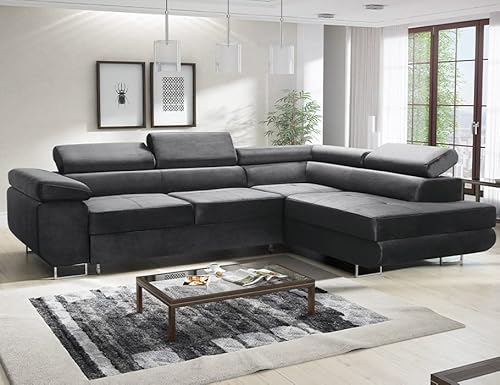 MODERNO Ecksofa mit Schlaffunktion und Bettkasten Avesta - Sofa +3 Sitzen mit Robusten Metallfüße - Schlafcouch L-Form - Modern Couch 277x203x73 cm - Ecke Rechts Velours Graphit von Moderno Meble