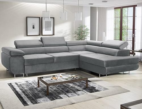 MODERNO Ecksofa mit Schlaffunktion und Bettkasten Avesta - Sofa +3 Sitzen mit Robusten Metallfüße - Schlafcouch L-Form - Modern Couch 277x203x73 cm - Ecke Rechts Velours Grau von Moderno Meble