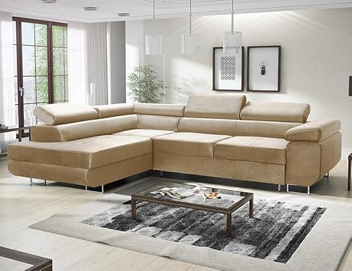 MODERNO Ecksofa mit Schlaffunktion und Bettkasten Avesta - Sofa +3 Sitzen mit Robusten Metallfüße - Schlafcouch L-Form - Modern Couch 277x203x73 cm - Ecke Links Velours Beige von Moderno Meble