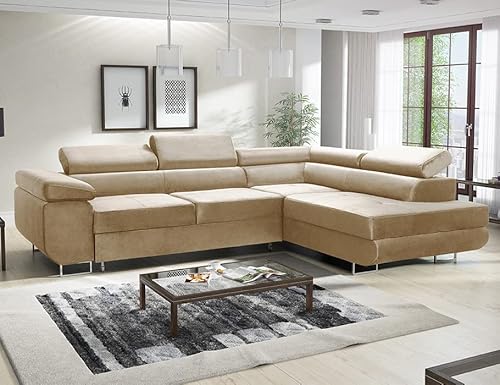 MODERNO Ecksofa mit Schlaffunktion und Bettkasten Avesta - Sofa +3 Sitzen mit Robusten Metallfüße - Schlafcouch L-Form - Modern Couch 277x203x73 cm - Ecke Rechts Velours Beige von Moderno Meble