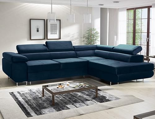 Sofa mit Schlaffunktion und Bettkasten - Ecksofa fur 3 Personen - Avesta - Bequem Schlafsofa - L-Form - Modern Couch 277x203x73 cm - Ecke Rechts - Blau - MODERNO von Moderno Meble