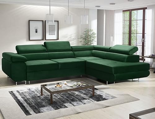 MODERNO Ecksofa mit Schlaffunktion und Bettkasten Avesta - Sofa +3 Sitzen mit Robusten Metallfüße - Schlafcouch L-Form - Modern Couch 277x203x73 cm - Ecke Rechts Velours Flaschengrün von Moderno Meble
