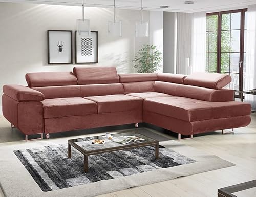 MODERNO Ecksofa mit Schlaffunktion und Bettkasten Avesta - Sofa +3 Sitzen mit Robusten Metallfüße - Schlafcouch L-Form - Modern Couch 277x203x73 cm - Ecke Rechts Velours Rosa von Moderno Meble