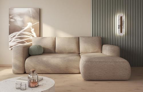 MODERNO Ecksofa mit Schlaffunktion und Bettkasten LAMBI - Sofa mit 3 Sitzen und Robusten Überzug - Schlafcouch L-Form - Modern Couch 266x164x89 cm - Ecke Rechts Beige von Moderno Meble