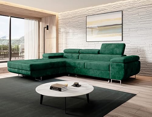MODERNO Ecksofa mit Schlaffunktion und Bettkasten NORBERG - Sofa mit 3 Sitzen und Robusten Überzug - Schlafcouch L-Form - Modern Couch 72x279x205 cm - Ecke Links Flaschengrün von Moderno Meble