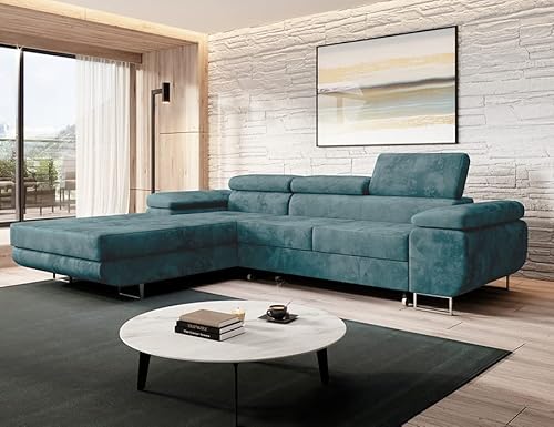MODERNO Ecksofa mit Schlaffunktion und Bettkasten NORBERG - Sofa mit 3 Sitzen und Robusten Überzug - Schlafcouch L-Form - Modern Couch 72x279x205 cm - Ecke Links Türkis MODERNO Ecksofa mit Schlaffunktion und Bettkasten NORBERG - Sofa mit 3 Sitzen und Robusten Überzug - Schlafcouch L-Form - Modern Couch 72x279x205 cm - Ecke Links Türkis von Moderno Meble