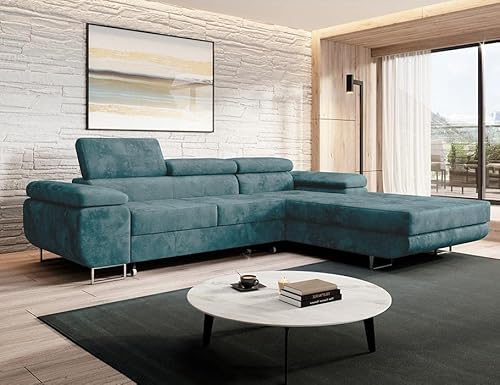 MODERNO Ecksofa mit Schlaffunktion und Bettkasten NORBERG - Sofa mit 3 Sitzen und Robusten Überzug - Schlafcouch L-Form - Modern Couch 72x279x205 cm - Ecke Rechts Türkis von Moderno Meble