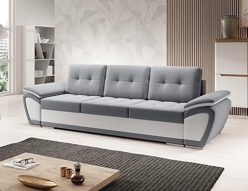 MODERNO Enzo 3-Sitzer Sofa mit Schlaffunktion Couch Schlafsofa mit Bettkasten Schlafcouch Moderne Möbel ins Wohnzimmer Sofagarnituren Veloursstoff Steppsofa Grau Weiß von Moderno Meble