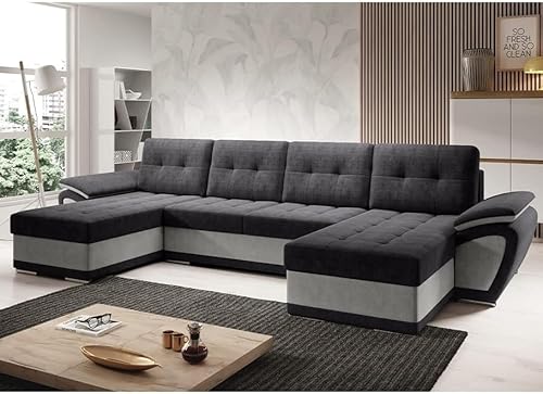 MODERNO Wohnlandschaft Sofa mit Schlaffunktion ENZO U - Sofa U-Form mit Bettkasten - Modern Ecksofa Schlafcouch - Steppsofa Zweifarbig - Schwarz-Grau von Moderno Meble