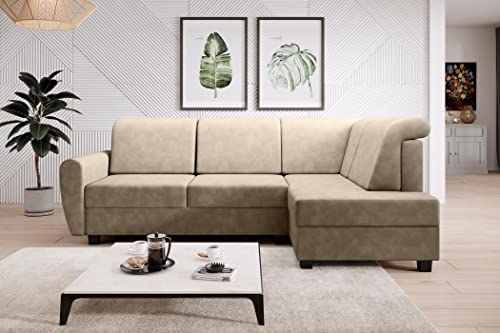 MODERNO Milo Ecksofa mit Schlaffunktion Sofa Couch L-Form mit Geformten Kissen Schlafsofa mit Bettkasten Wohnlandschaft Schlafcouch Moderne Wohnzimmermöbel Eckcouch Rechts Beige von Moderno Meble