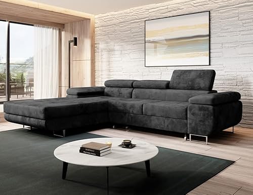 Sofa mit Schlaffunktion und Bettkasten - Ecksofa fur 3 Personen - NORBERG - Bequem Schlafsofa - L-Form - Modern Couch 72x279x205 cm - Ecke Links Graphit - MODERNO von Moderno Meble