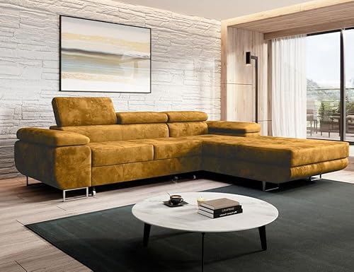 MODERNO Ecksofa mit Schlaffunktion und Bettkasten NORBERG - Sofa mit 3 Sitzen und Robusten Überzug - Schlafcouch L-Form - Modern Couch 72x279x205 cm - Ecke Rechts Senf von Moderno Meble