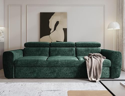 MODERNO Sofa mit Schlaffunktion Napoli - Schlafcouch mit Bewegliche Kopfstützen 3 Sitzer Wohnzimmer - Schlafsofa 3 Sitzer Wohnzimmer - 92x254x86 cm - Grün - Trenza 21 von Moderno Meble