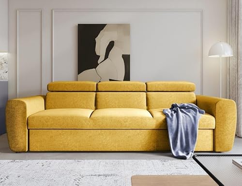 MODERNO Sofa mit Schlaffunktion Napoli - Schlafcouch mit Bewegliche Kopfstützen 3 Sitzer Wohnzimmer - Schlafsofa 3 Sitzer Wohnzimmer - 92x254x86 cm - Senfgelb - Trenza 11 von Moderno Meble