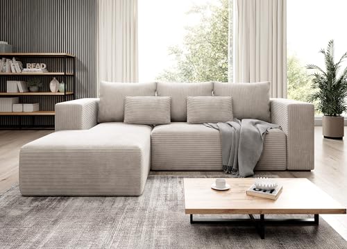 Moderno Ecksofa mit Schlaffunktion und Bettkasten Stripes - Sofa mit 3 Sitzer und Robuste überzug - Schlafcouch L-Form - Modern Couch Cord - 255x73x161 cm - Links Cremig von Moderno Meble