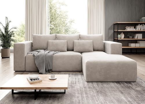 Moderno Ecksofa mit Schlaffunktion und Bettkasten Stripes - Sofa mit 3 Sitzer und Robuste überzug - Schlafcouch L-Form - Modern Couch Cord - 255x73x161 cm - Rechts Cremig von Moderno Meble