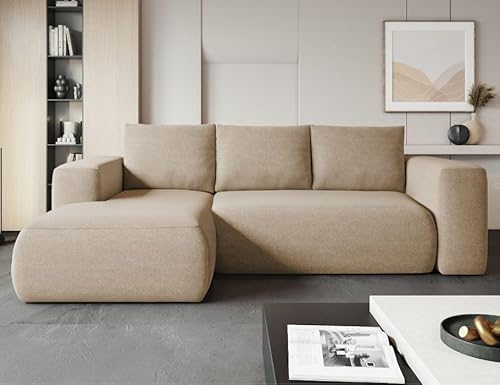 MODERNO Ecksofa mit Schlaffunktion und Bettkasten LAMBI - Sofa mit 3 Sitzen und Robusten Überzug - Schlafcouch L-Form - Modern Couch 266x164x89 cm - Ecke Links Beige von Moderno Meble