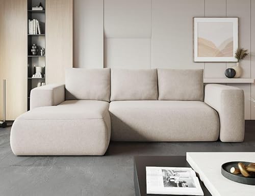 Sofa mit Schlaffunktion und Bettkasten - Ecksofa fur 3 Personen - LAMBI - Bequem Schlafsofa - L-Form - Modern Couch 266x164x89 cm - Ecke Links - Hell Beige - MODERNO von Moderno Meble