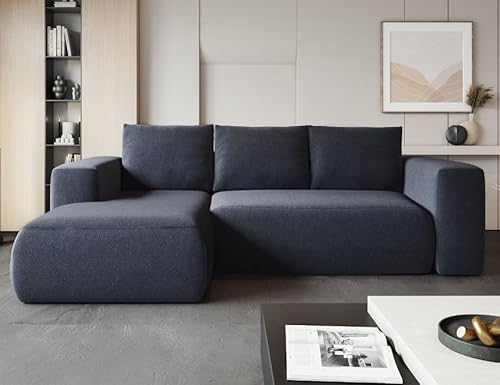 MODERNO Ecksofa mit Schlaffunktion und Bettkasten LAMBI - Sofa mit 3 Sitzen und Robusten Überzug - Schlafcouch L-Form - Modern Couch 266x164x89 cm - Ecke Links Marineblau von Moderno Meble