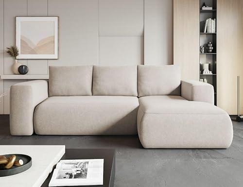 MODERNO Ecksofa mit Schlaffunktion und Bettkasten LAMBI - Sofa mit 3 Sitzen und Robusten Überzug - Schlafcouch L-Form - Modern Couch 266x164x89 cm - Ecke Rechts Hell Beige von Moderno Meble