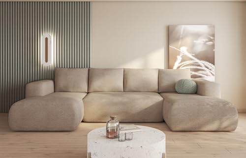 MODERNO Ecksofa mit Schlaffunktion und Bettkasten LAMBI U - Sofa mit +3 Sitzen - Schlafcouch Wohnlandschaft U Form - Modern Couch 338x164x89 cm - Big Sofa XXL Beige von Moderno Meble
