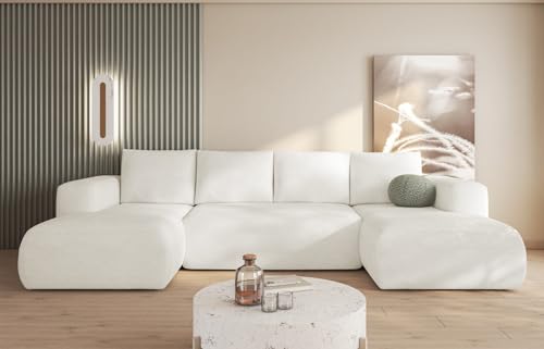 MODERNO Ecksofa mit Schlaffunktion und Bettkasten LAMBI U - Sofa mit +3 Sitzen - Schlafcouch Wohnlandschaft U Form - Modern Couch 338x164x89 cm - Big Sofa XXL Creme von Moderno Meble