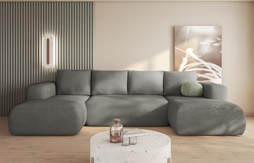 MODERNO Ecksofa mit Schlaffunktion und Bettkasten LAMBI U - Sofa mit +3 Sitzen - Schlafcouch Wohnlandschaft U Form - Modern Couch 338x164x89 cm - Big Sofa XXL Grau von Moderno Meble