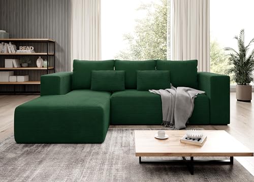 Moderno Ecksofa mit Schlaffunktion und Bettkasten Stripes - Sofa mit 3 Sitzer und Robuste überzug - Schlafcouch L-Form - Modern Couch Cord - 255x73x161 cm - Links Flaschengrün von Moderno Meble