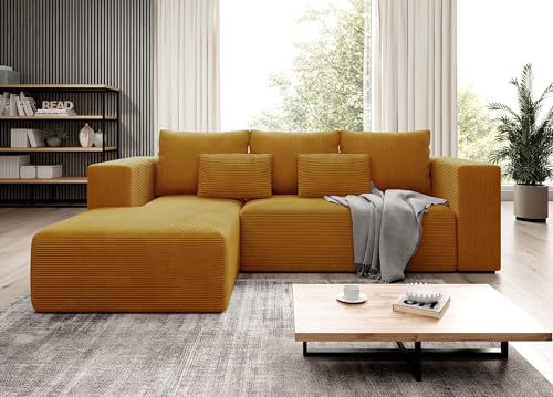 Moderno Ecksofa mit Schlaffunktion und Bettkasten Stripes - Sofa mit 3 Sitzer und Robuste überzug - Schlafcouch L-Form - Modern Couch Cord - 255x73x161 cm - Links Senf von Moderno Meble