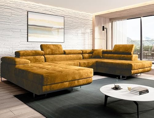 Moderno Ecksofa mit Schlaffunktion und Bettkasten VARBERG - Sofa mit Robusten Überzug - Schlafcouch U-Form - Modern Couch - 72x345x205 cm - Rechts Senf von Moderno Meble