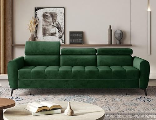 Moderno Sofa mit Schlaffunktion Bjorn - Sofa mit 3 Sitzen und Robusten Metallfüße - Modern Schlafcouch - Couch mit Schlaffunktion 254x97x88 cm - Couch Flaschengrün von Moderno Meble
