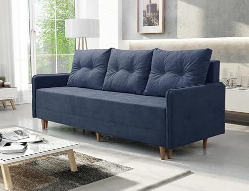 Sofa mit Schlaffunktion und Bettkasten - Skandinavisch Sofa - FERN - Bequem Schlafsofa - Weiches Couch - Retro Schlafcouch 205x86x93 cm - Dunkelblau - Soro 76 - MODERNO von Moderno Meble