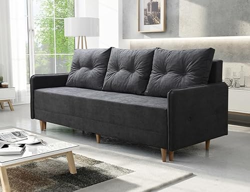 Sofa mit Schlaffunktion und Bettkasten - Skandinavisch Sofa - FERN - Bequem Schlafsofa - Weiches Couch - Retro Schlafcouch 205x86x93 cm - Graphit - Soro 97 - MODERNO von Moderno Meble
