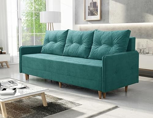 Sofa mit Schlaffunktion und Bettkasten - Skandinavisch Sofa - FERN - Bequem Schlafsofa - Weiches Couch - Retro Schlafcouch 205x86x93 cm - Türkis - Soro 86 - MODERNO von Moderno Meble