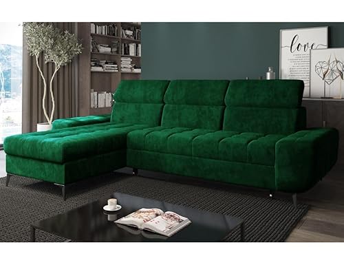 Universell Ecksofa mit Schlaffunktion und Bettkasten - Modern Gesteppt Sofa mit verstellbare Kopfstützen - Como Schalfsofa L-Form - Schlafcouch - 281x175x101 cm - Flaschengrün - Monolith 37 - MODERNO von Moderno Meble
