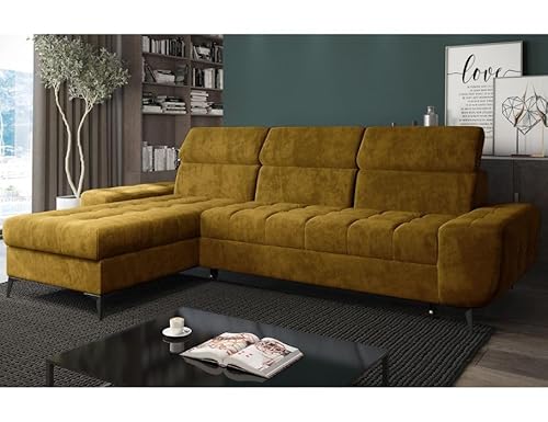 Universell Ecksofa mit Schlaffunktion und Bettkasten - Modern Gesteppt Sofa mit verstellbare Kopfstützen - Como Schalfsofa L-Form - Schlafcouch - 281x175x101 cm - Senfgelb - Monolith 48 - MODERNO von Moderno Meble