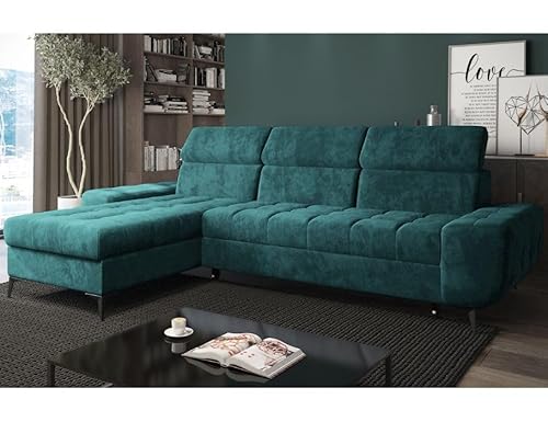 Universell Ecksofa mit Schlaffunktion und Bettkasten - Modern Gesteppt Sofa mit verstellbare Kopfstützen - Como Schalfsofa L-Form - Schlafcouch - 281x175x101 cm - Türkis - Monolith 72 - MODERNO von Moderno Meble