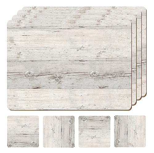 Moderry Set mit 4 hitzebeständigen Kork-Tischsets für Esstisch mit Gratis Set von 4 passenden Getränkeuntersetzern Korkholz Design Druck 40,6 x 30,5 cm Korkrückseite harte Tischsets (weißes Treibholz) von Moderry