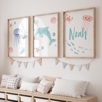 Ocean Kinderzimmer Kunstdrucke Delfin, Krake, Krabbe - 3Er Set von ModifiedTot