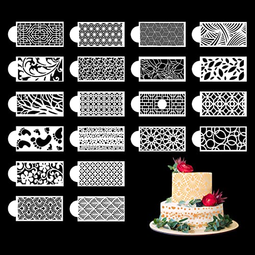 Modixun 20 Stück Kuchendekorationsschablonen, hohle Spitzen-Kuchendekorationsschablonen, florale Hochzeitstortenschablonen, die Buttercreme-Schablonen dekorieren, 26,4×11,3 cm von Modixun