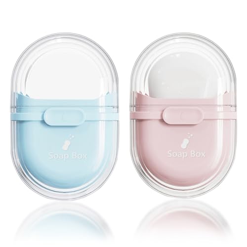 Modixun 2Pcs Reise Seife Fall, Tragbare Bar Seife Halter Reise mit Abflusslöchern, Reise Seife Container Box, Reise Seife Schüssel für Reisen Camping Gym (Blau+Rosa) von Modixun