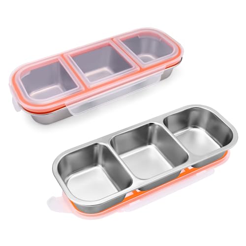 Modixun Bento-Snack-Behälter mit auslaufsicheren Deckeln, 3 Fächern, wiederverwendbar, 304 Edelstahl, Lebensmittelaufbewahrung, Lunchbox, Snackbox, 2 Stück von Modixun