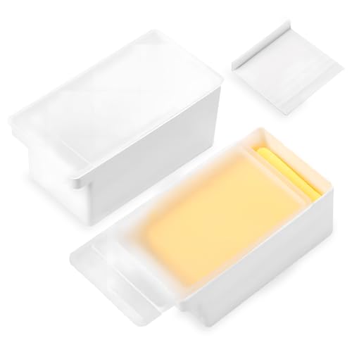 Modixun Butterdose mit Deckel und Schneider für Arbeitsplatte, abgedeckter Butterhalter mit Griff und leicht zu schneidendem Hobel, Butterbehälter für Kühlschrankaufbewahrung, 2 Stück von Modixun